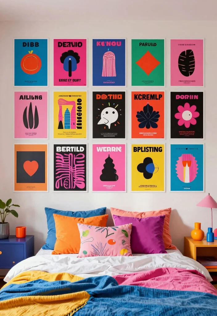 15 Poster Collage Wall Bedroom Ideas: Trendy Personal Style - 3. Color Blocking Magic 1