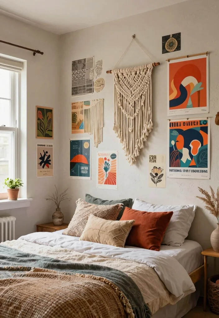 15 Poster Collage Wall Bedroom Ideas: Trendy Personal Style - 5. Bohemian Textured Layers 1
