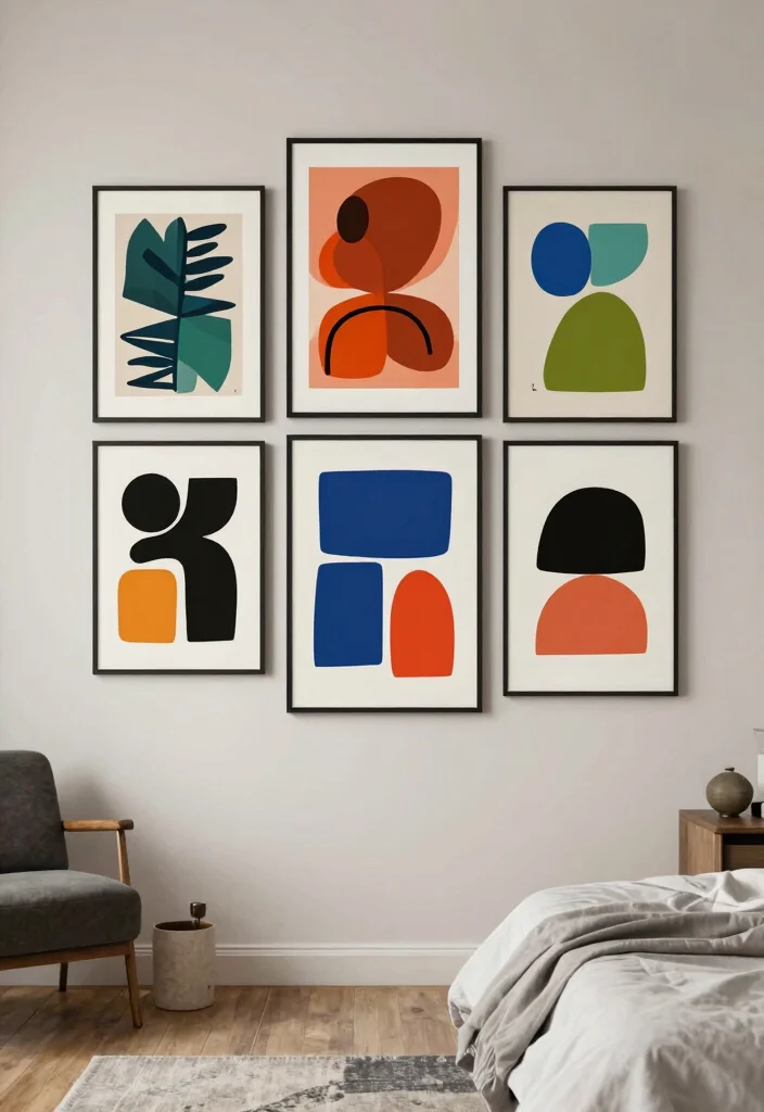 15 Poster Collage Wall Bedroom Ideas: Trendy Personal Style - 6. Abstract Art Explosion 1