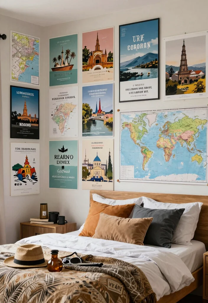 15 Poster Collage Wall Bedroom Ideas: Trendy Personal Style - 7. Travel Memories Display 1