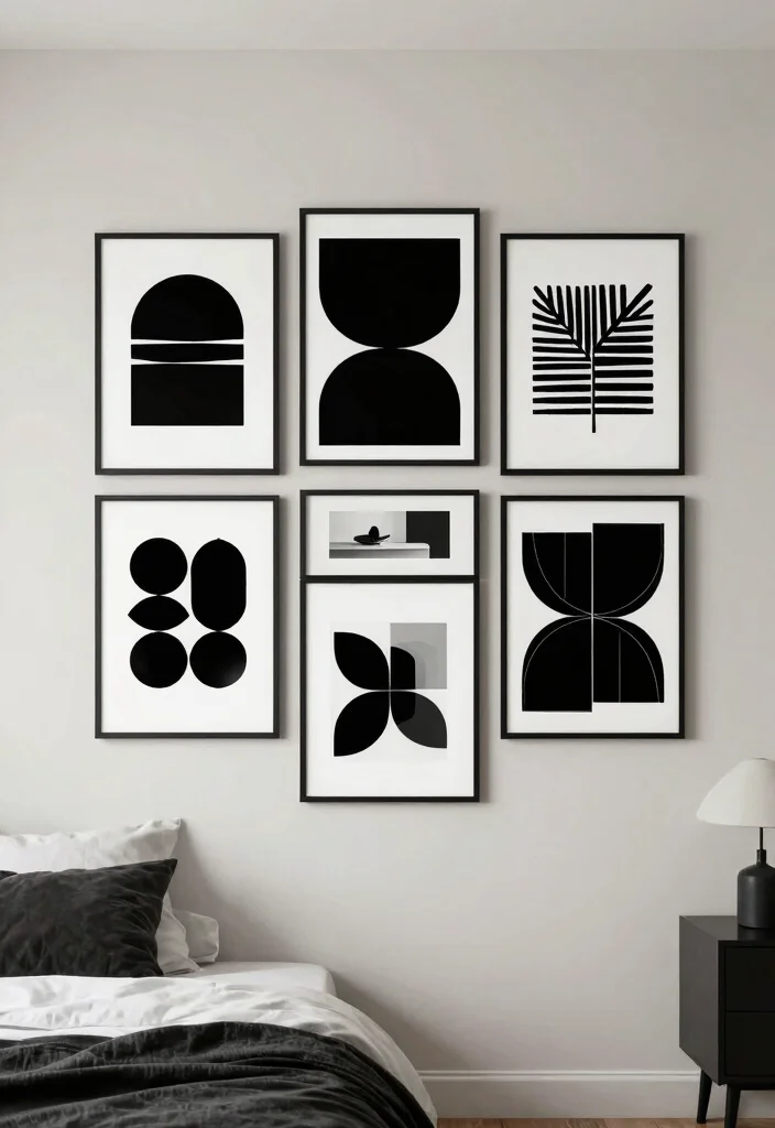 15 Poster Collage Wall Bedroom Ideas: Trendy Personal Style - 8. Minimalist Black and White 1