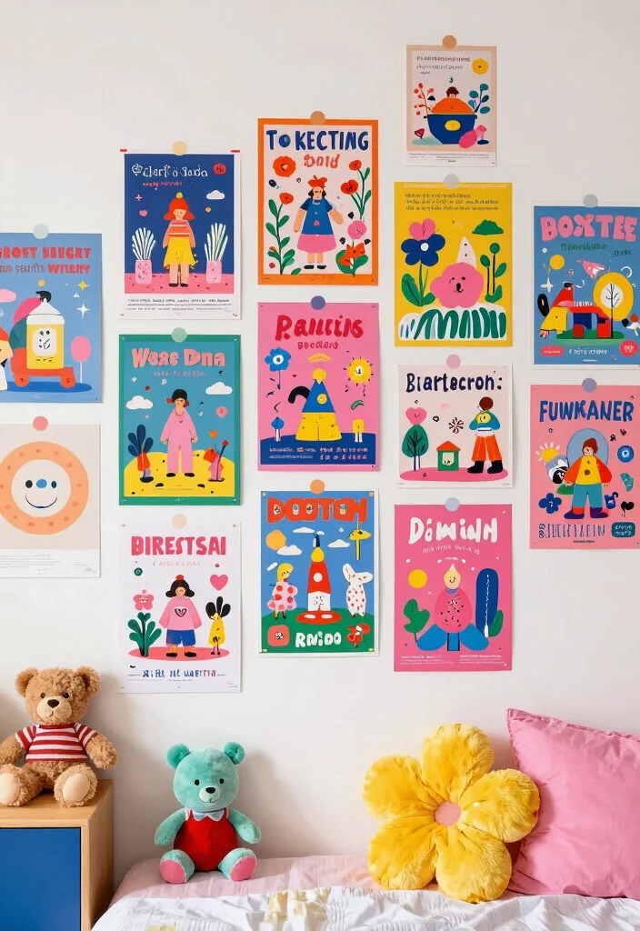 15 Poster Collage Wall Bedroom Ideas: Trendy Personal Style - 9. Whimsical and Playful 1