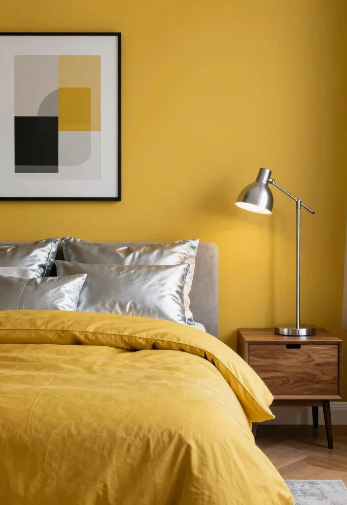 15 Silver Bedroom Decor Color Combos: Elegant Modern Shine - 11. Silver and Mustard Yellow: A Modern Twist 1