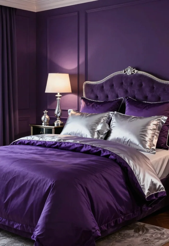15 Silver Bedroom Decor Color Combos: Elegant Modern Shine - 15. Silver and Deep Purple: Luxurious Depth 1