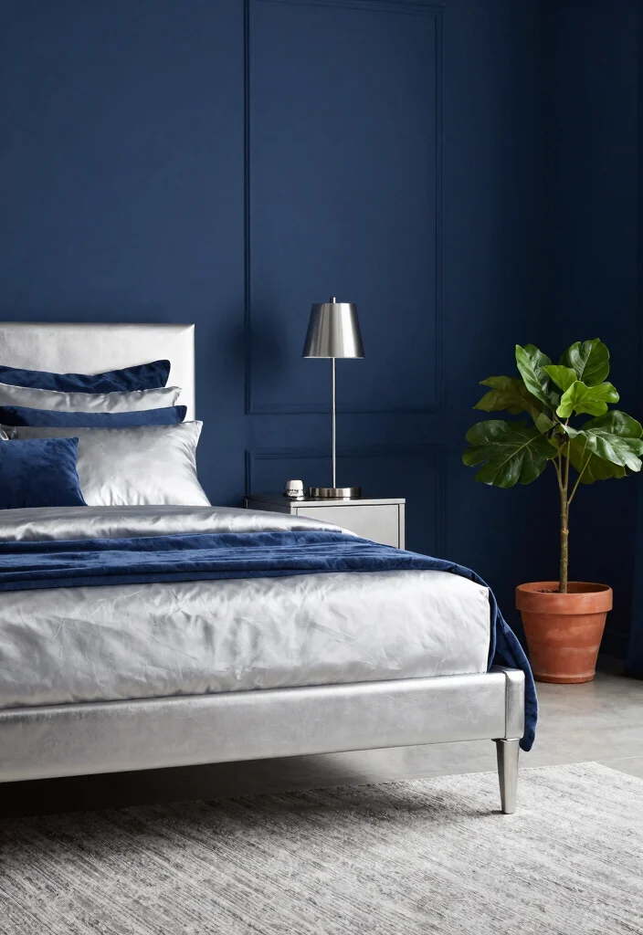 15 Silver Bedroom Decor Color Combos: Elegant Modern Shine - 2. Silver and Navy Blue: A Bold Contrast 1
