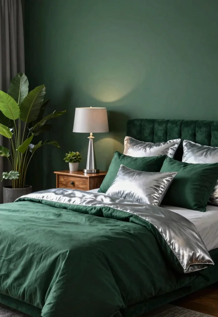 15 Silver Bedroom Decor Color Combos: Elegant Modern Shine - 7. Silver and Forest Green: Nature-Inspired Elegance 1