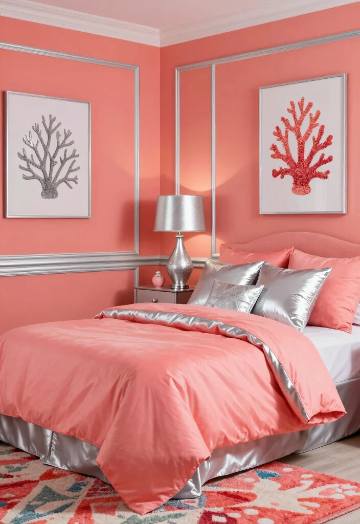 15 Silver Bedroom Decor Color Combos: Elegant Modern Shine - 8. Silver and Coral: A Playful Contrast 1