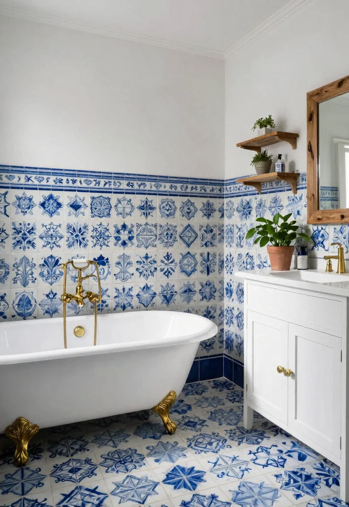 15 Spanish Tile Bathroom Ideas With Old World Beauty - 1. Classic White and Blue Spanish Tiles 1