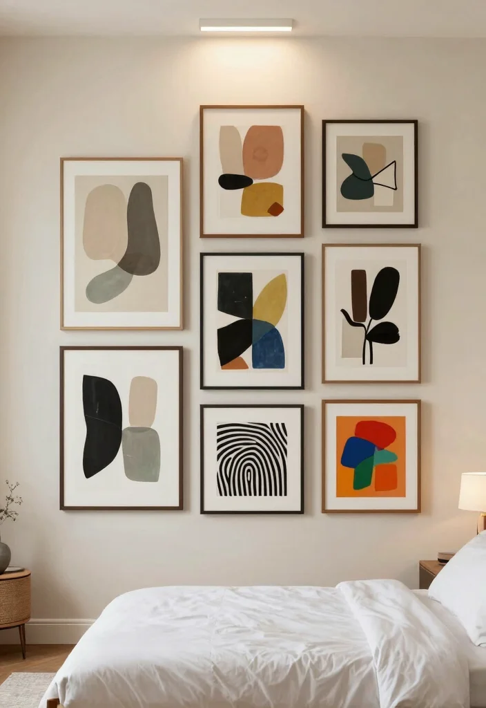 16 Bedroom With High Ceilings Ideas: Grand Cozy Balance - 1. Embrace Vertical Artwork Displays 1