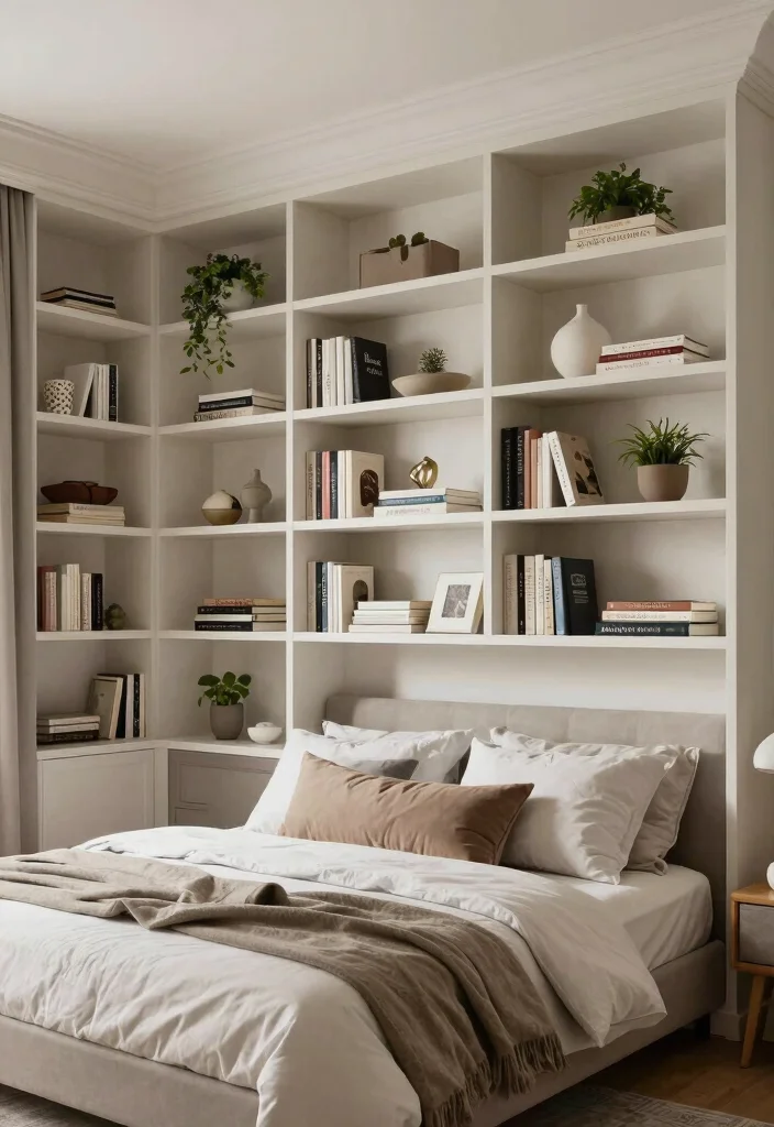 16 Bedroom With High Ceilings Ideas: Grand Cozy Balance - 7. Incorporate Built-In Shelves 1