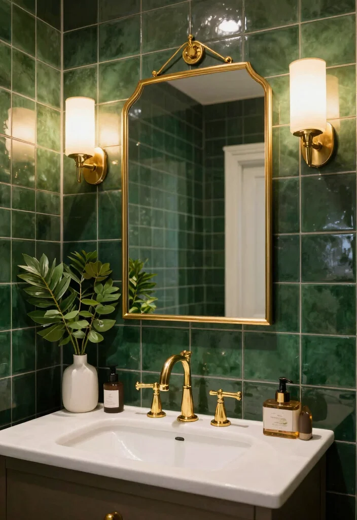 16 Dark Green Bathroom Tile Ideas With Rich Mood - 11. Dark Green Tiles with Gold Accents 1