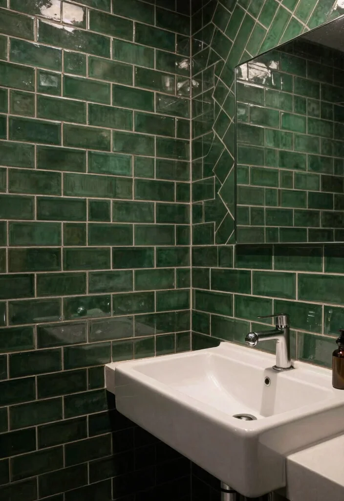 16 Dark Green Bathroom Tile Ideas With Rich Mood - 13. Dark Green Subway Tiles 1