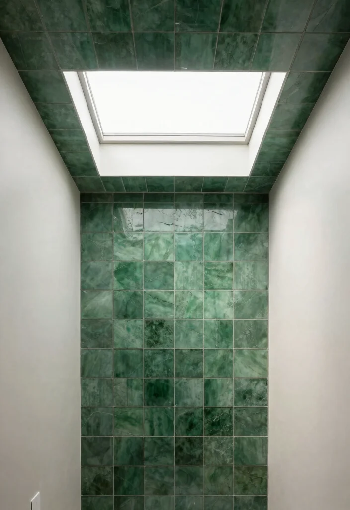 16 Dark Green Bathroom Tile Ideas With Rich Mood - 14. Dark Green on the Ceiling 1