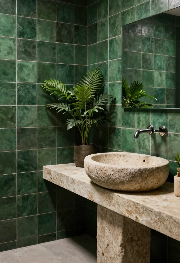16 Dark Green Bathroom Tile Ideas With Rich Mood - 16. Dark Green Tiles and Natural Stone 1