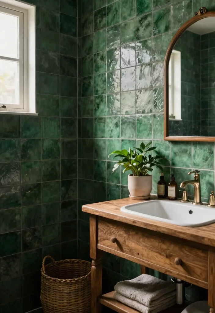 16 Dark Green Bathroom Tile Ideas With Rich Mood - 6. Rustic Dark Green Tiles 1