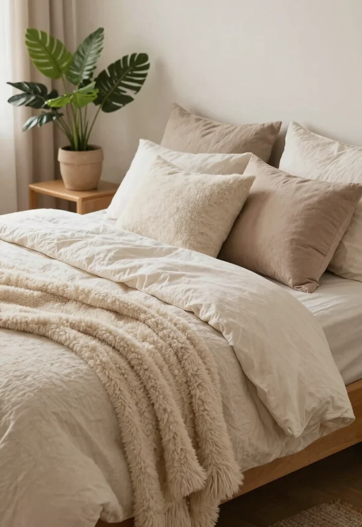 16 Fake Plants Decor Bedroom Ideas: Low Maintenance Freshness - 10. Layered Textiles and Greenery for a Cozy Feel 1