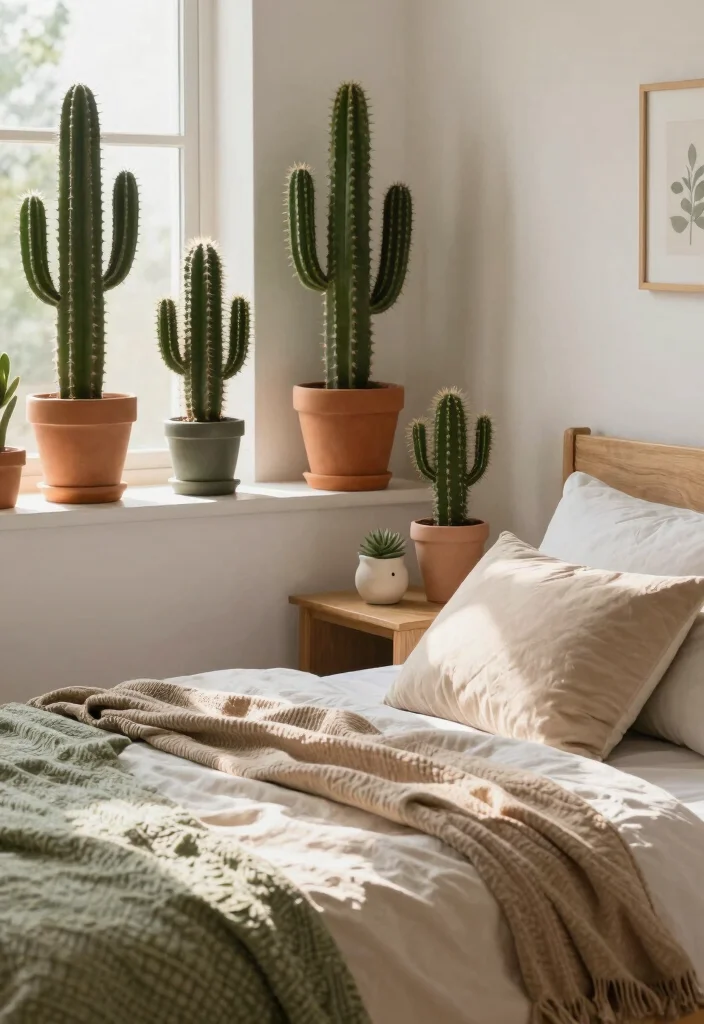16 Fake Plants Decor Bedroom Ideas: Low Maintenance Freshness - 12. Faux Cacti for a Desert Vibe 1