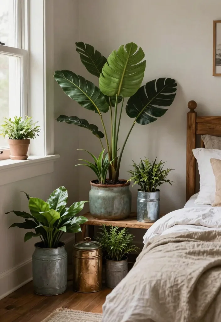 16 Fake Plants Decor Bedroom Ideas: Low Maintenance Freshness - 13. Rustic Faux Plants in Vintage Containers 1