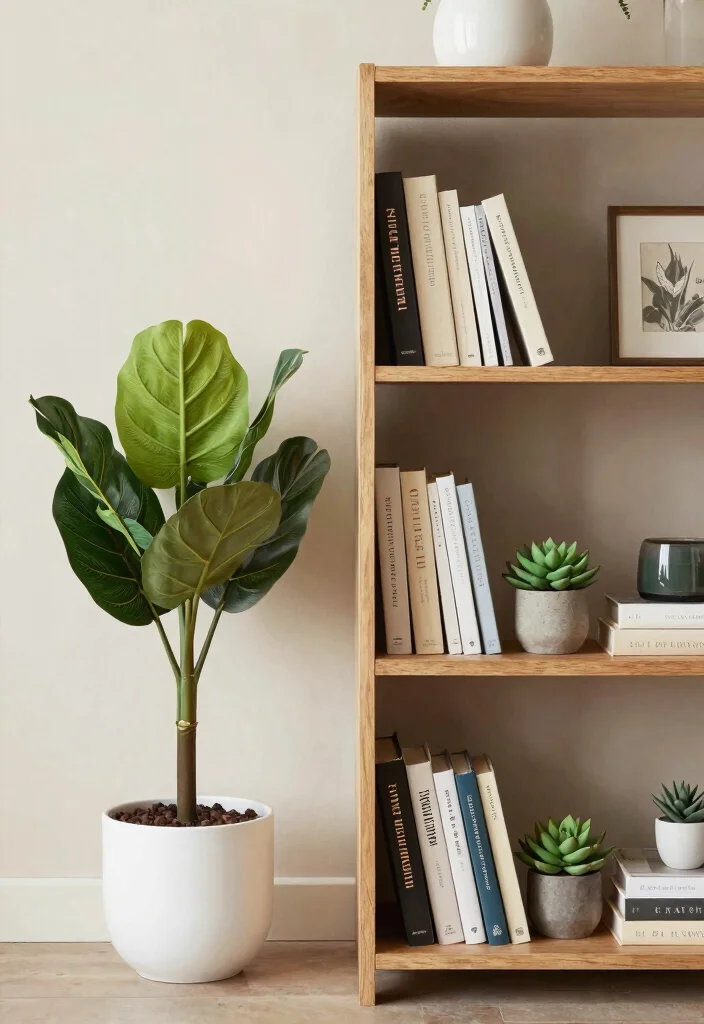 16 Fake Plants Decor Bedroom Ideas: Low Maintenance Freshness - 5. Layered Greenery on Shelves 1