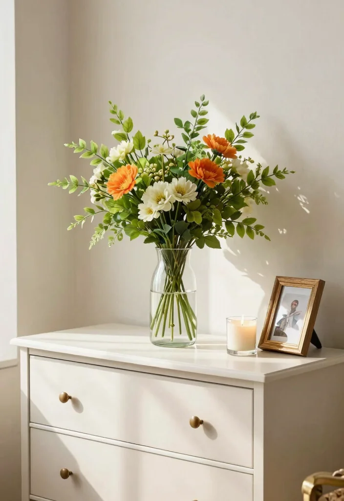 16 Fake Plants Decor Bedroom Ideas: Low Maintenance Freshness - 6. Faux Plant Bouquets on Dressers 1