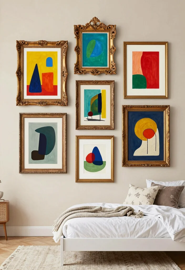 16 Frames on Wall Bedroom Aesthetic Ideas for a Clean, Curated Look - 3. Vintage Frames with Modern Art 1