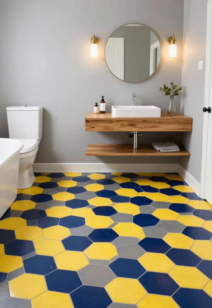 16 Hexagon Tile Bathroom Floor Ideas With Timeless Style - 1. Bold Color Combination 1