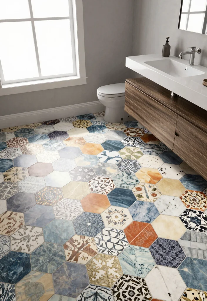 16 Hexagon Tile Bathroom Floor Ideas With Timeless Style - 12. Mixed Tile Designs for Unique Patterns 1
