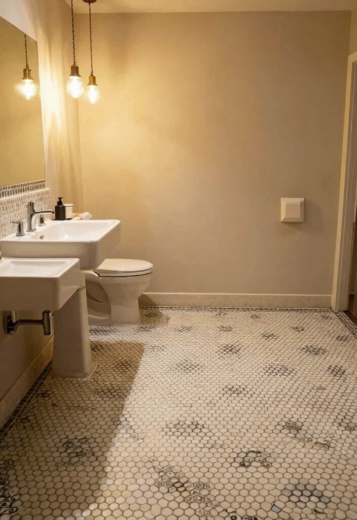 16 Hexagon Tile Bathroom Floor Ideas With Timeless Style - 14. Statement Lighting to Enhance Hexagon Tiles 1