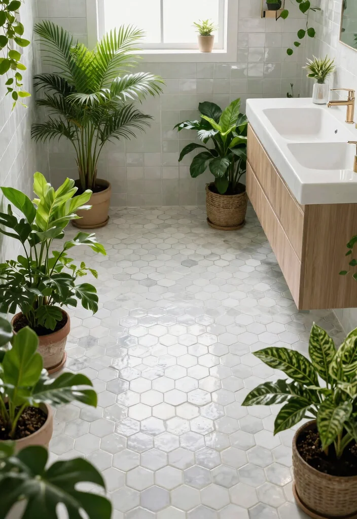 16 Hexagon Tile Bathroom Floor Ideas With Timeless Style - 15. Incorporating Nature with Greenery 1