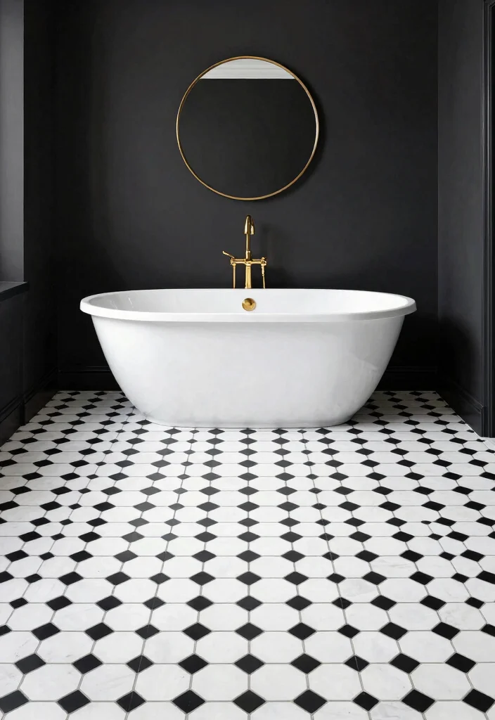 16 Hexagon Tile Bathroom Floor Ideas With Timeless Style - 2. Classic Black and White 1