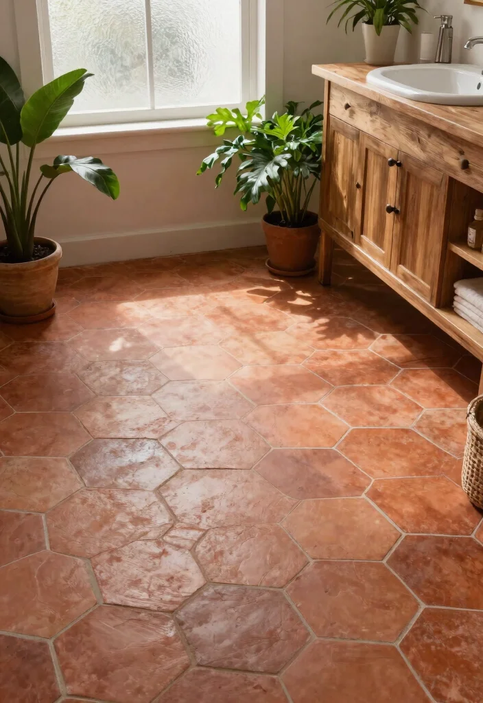 16 Hexagon Tile Bathroom Floor Ideas With Timeless Style - 6. Earthy Textures with Terracotta Tiles 1