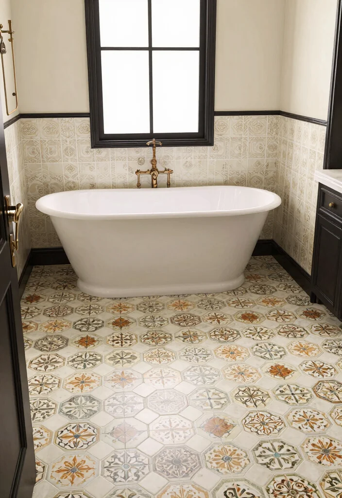 16 Hexagon Tile Bathroom Floor Ideas With Timeless Style - 8. Vintage Charm with Retro Patterns 1