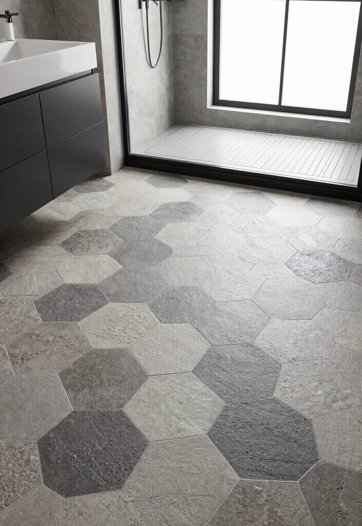 16 Hexagon Tile Bathroom Floor Ideas With Timeless Style - 9. Textured Finishes for Depth 1