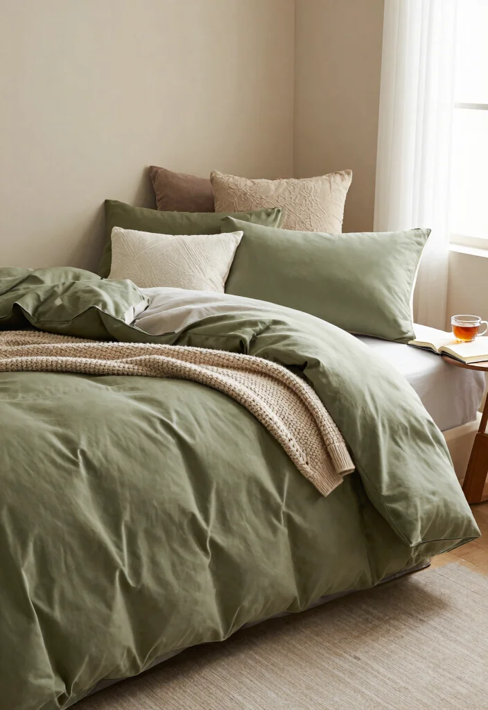 16 Olive Green Comforter Bedroom Ideas: Soft Natural Layers - 1. Layered Textures for Cozy Comfort 1