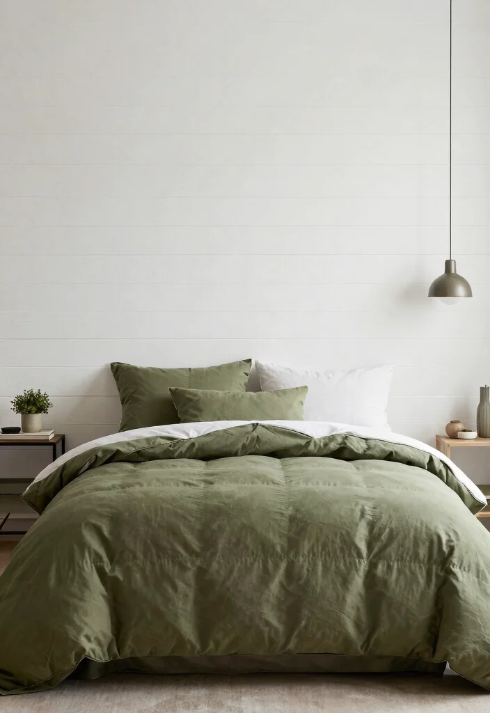 16 Olive Green Comforter Bedroom Ideas: Soft Natural Layers - 11. Textured Wall Treatments 1