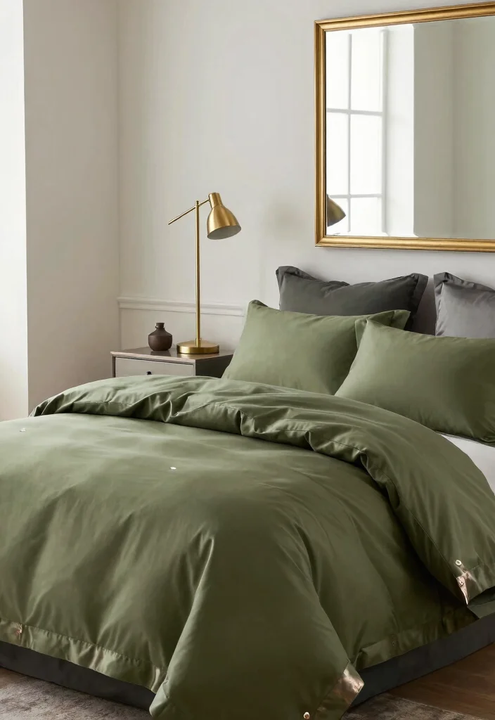 16 Olive Green Comforter Bedroom Ideas: Soft Natural Layers - 12. Incorporating Metallic Accents 1