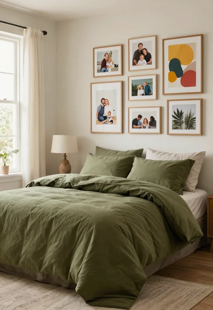16 Olive Green Comforter Bedroom Ideas: Soft Natural Layers - 13. Personalized Artwork 1