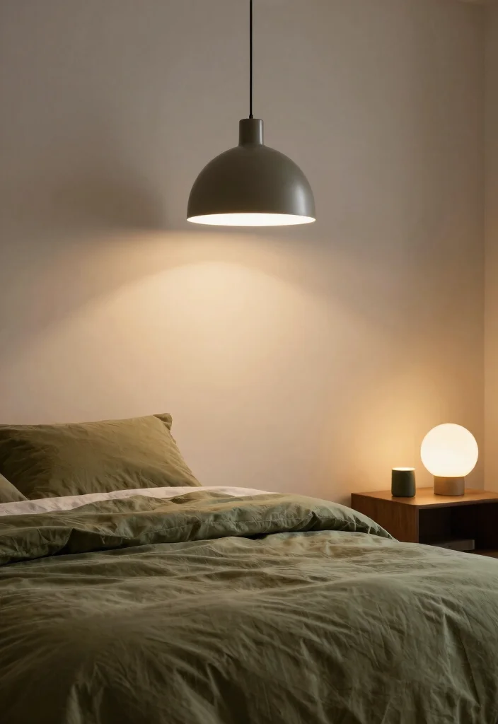 16 Olive Green Comforter Bedroom Ideas: Soft Natural Layers - 14. Statement Lighting Fixtures 1