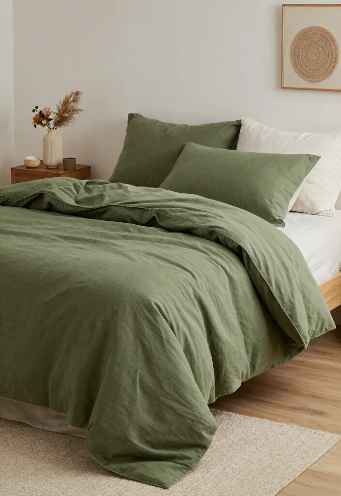 16 Olive Green Comforter Bedroom Ideas: Soft Natural Layers - 15. Sustainable Fabrics and Materials 1