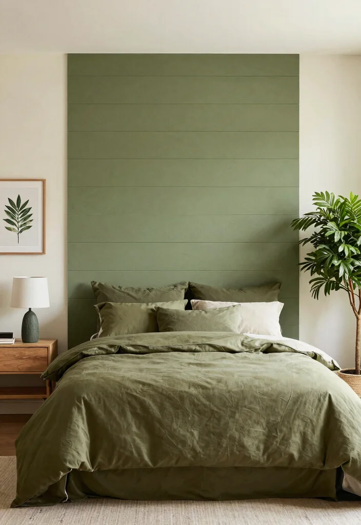 16 Olive Green Comforter Bedroom Ideas: Soft Natural Layers - 3. Bold Accent Walls 1