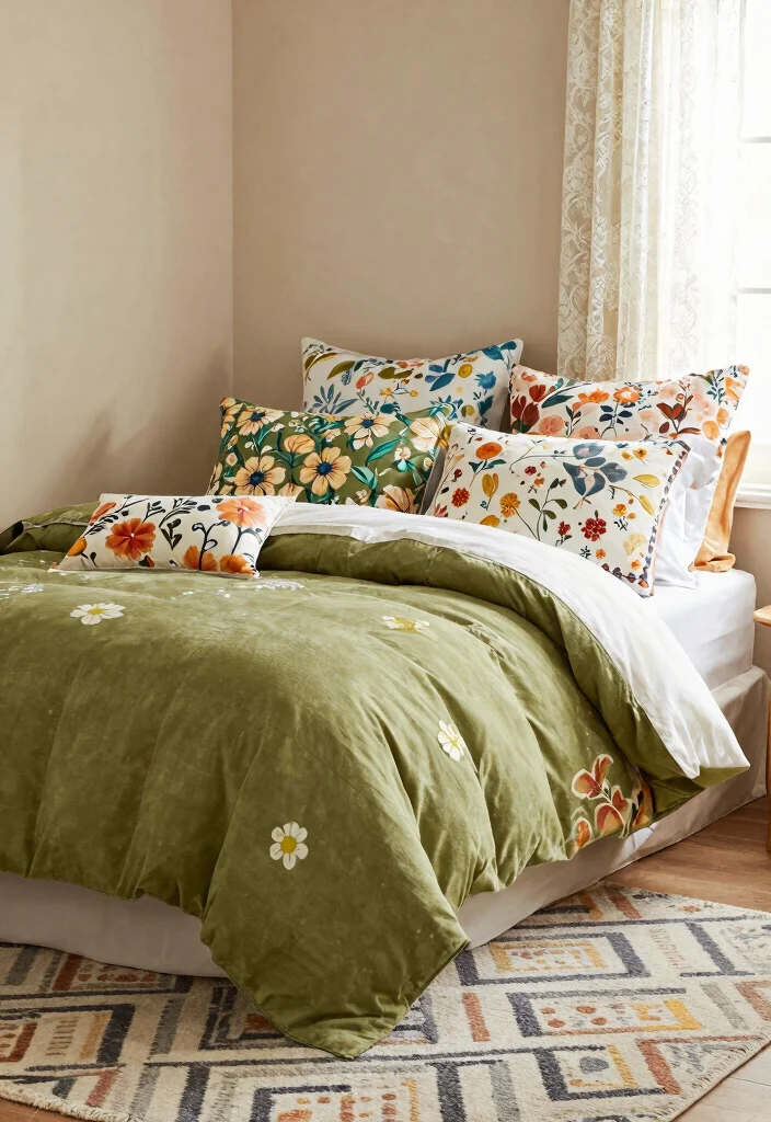 16 Olive Green Comforter Bedroom Ideas: Soft Natural Layers - 4. Mixing Patterns and Prints 1