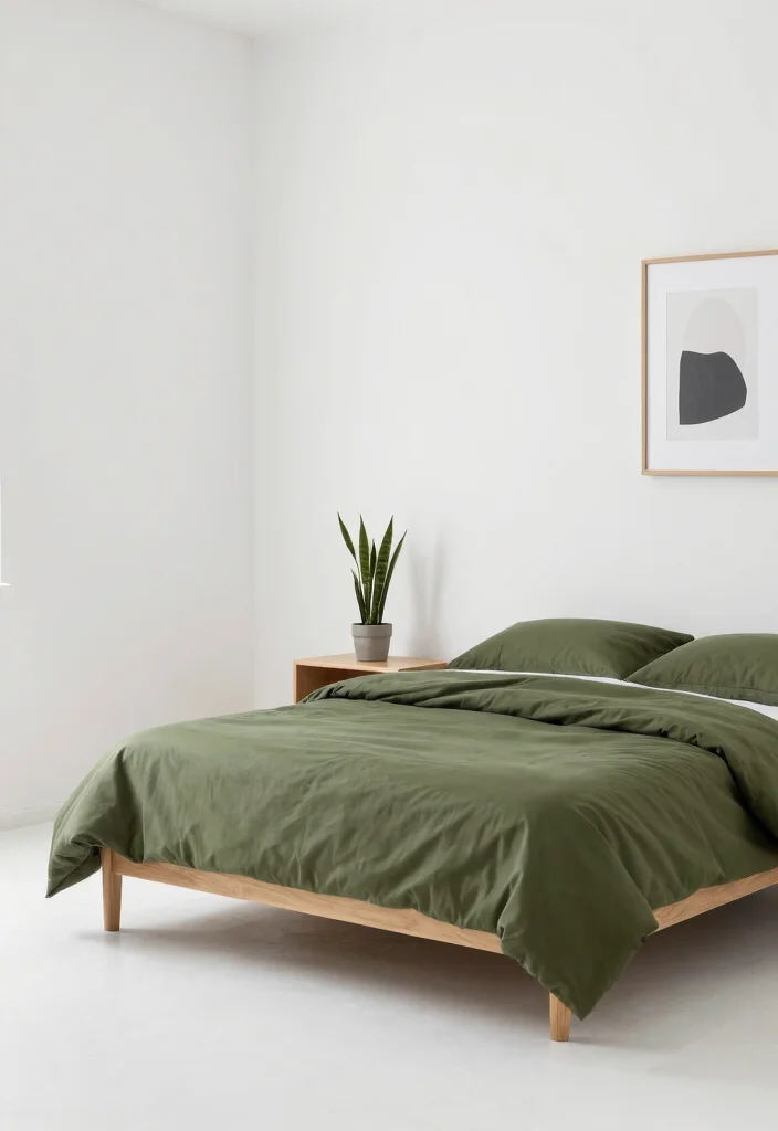 16 Olive Green Comforter Bedroom Ideas: Soft Natural Layers - 5. Minimalism with Olive Green 1