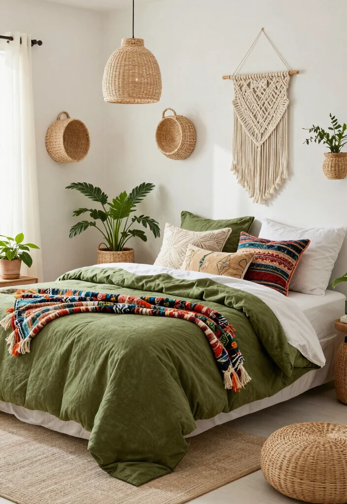16 Olive Green Comforter Bedroom Ideas: Soft Natural Layers - 9. Eclectic Boho Vibes 1