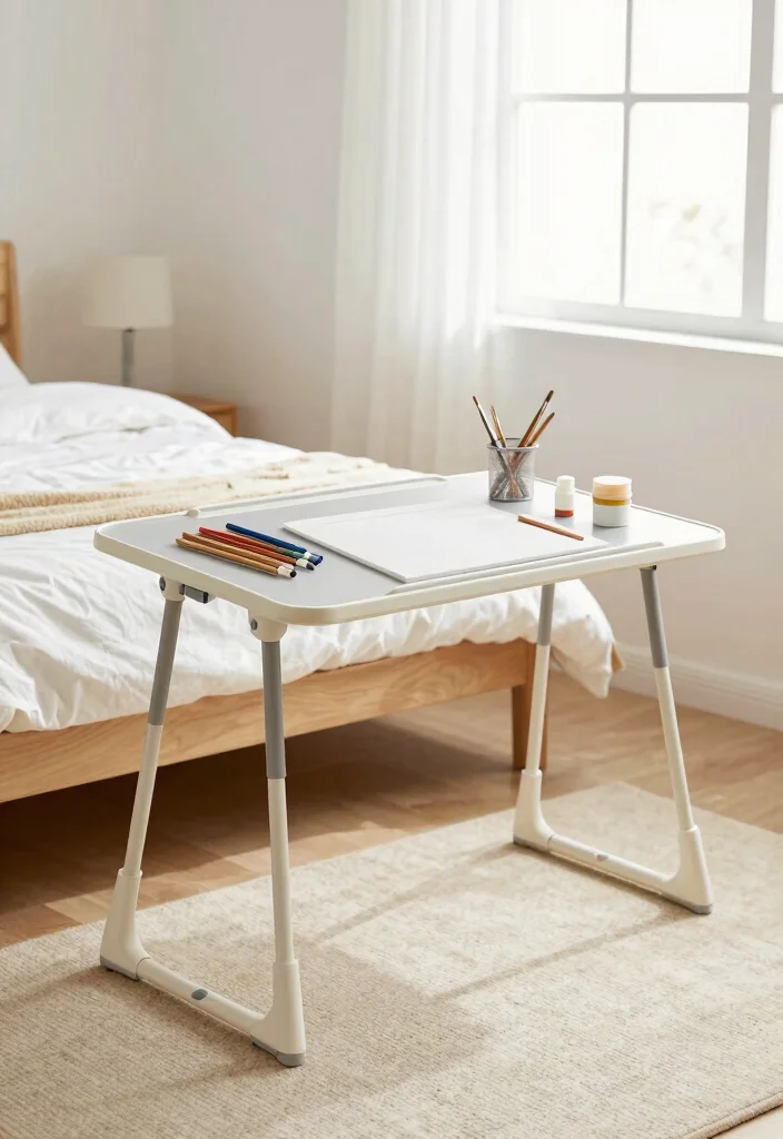 17 Bedroom Craft Room Combo Ideas: Creative Functional Space - 4. Foldable Craft Table 1