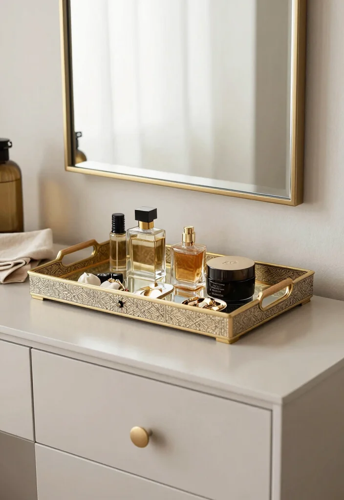 17 Bedroom Dresser Decor With Mirror Ideas for a Polished Look - 15. Layering with Decorative Trays 1