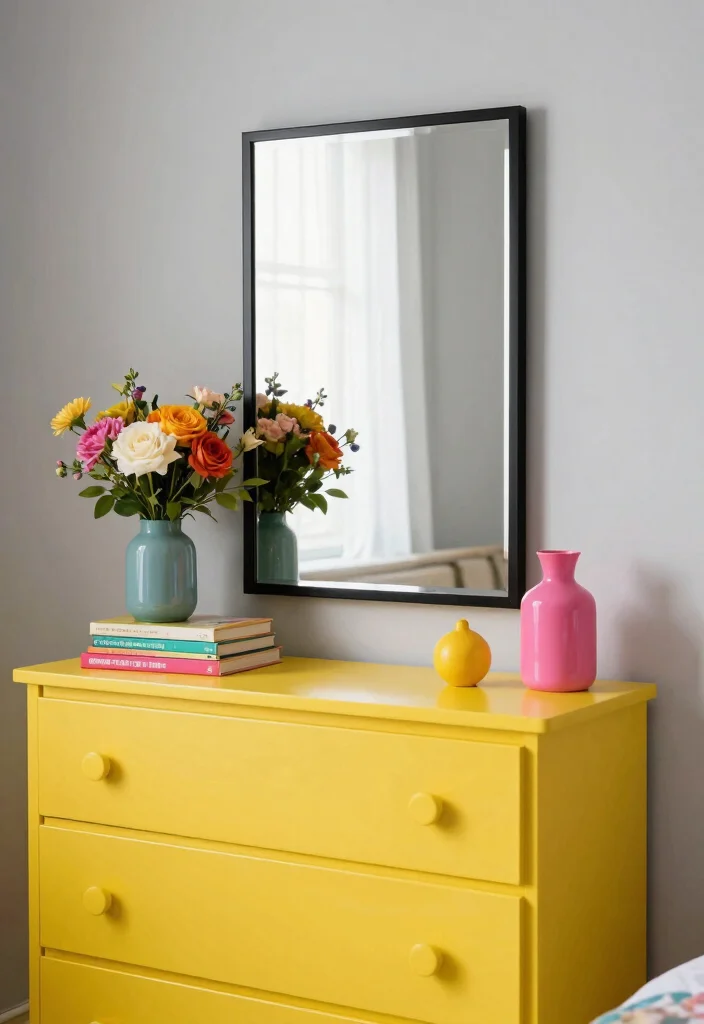 17 Bedroom Dresser Decor With Mirror Ideas for a Polished Look - 3. Color Pop with Bright Accents 1