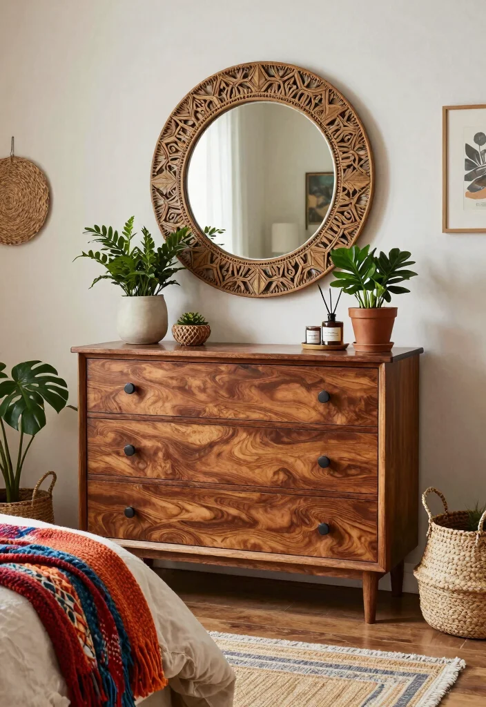 17 Bedroom Dresser Decor With Mirror Ideas for a Polished Look - 8. Bohemian Vibes with Layered Textures 1