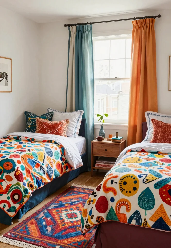 17 Bedroom Ideas With 2 Beds: Stylish Shared Layouts - 10. Playful Textiles and Patterns 1