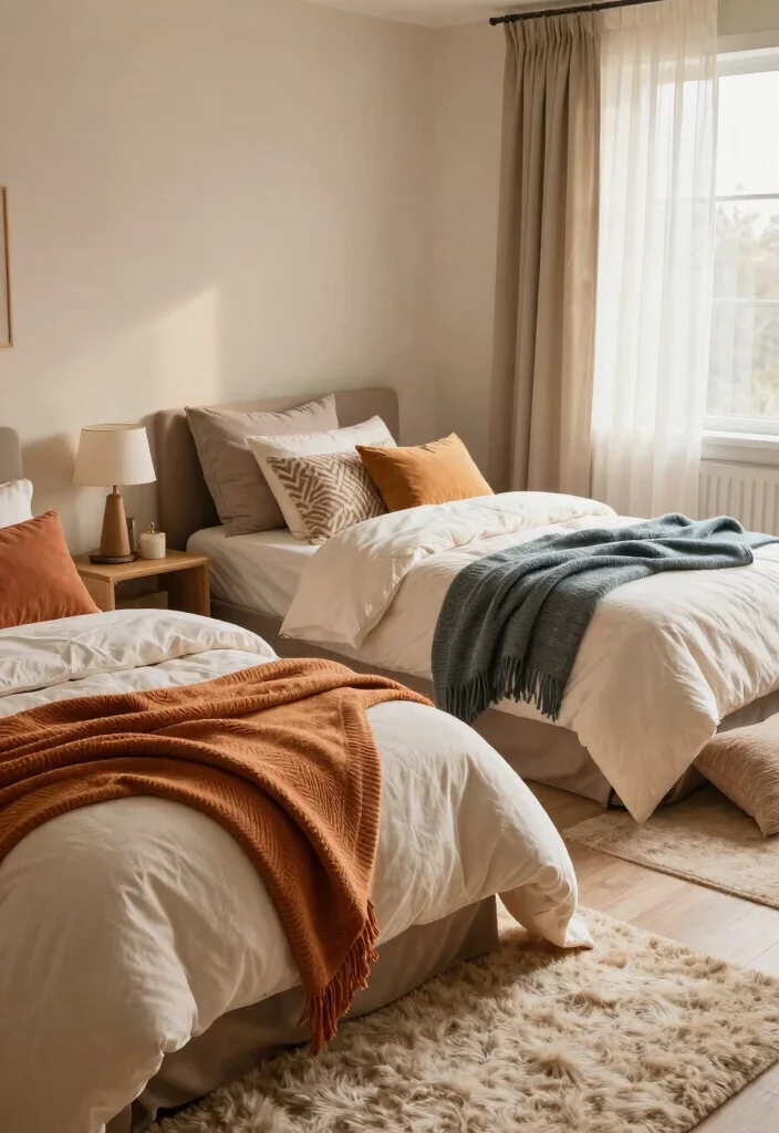 17 Bedroom Ideas With 2 Beds: Stylish Shared Layouts - 15. Soft and Cozy Layers 1