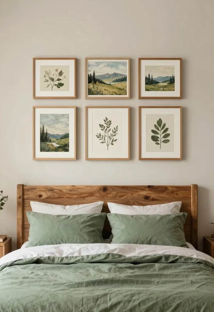 17 Green and Wood Bedroom Ideas for Earthy Balanced Design - 9. Earthy Wall Art 1
